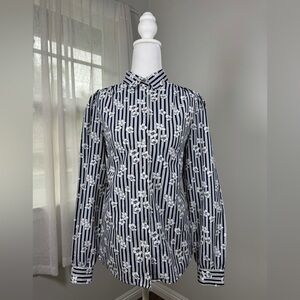 Vintage ‘80s Pykettes Navy Blue & White Floral Stripe Print Button Down Blouse